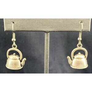 Teapot Earrings Pierced Silver Tone Figural Dangle Tea Party Time 1/2" Tall Vtg